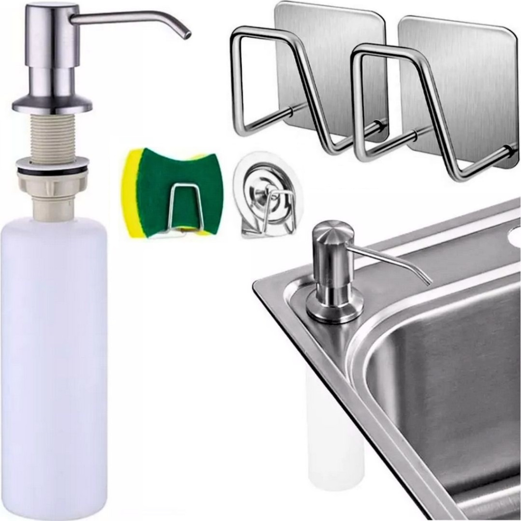 Dispenser Detergente Dosador Sabonete Embutir Inox Pia Suporte Adesivo Aço Esponja Bucha em Oferta na Shopee