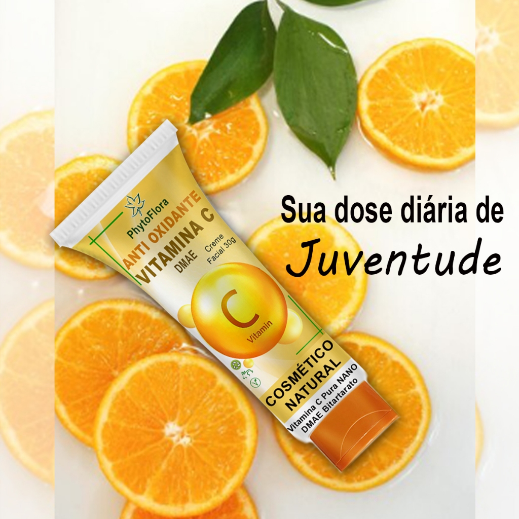 Creme Facial com Vitamina C Pura Antioxidante, Clareador e Dmae Firmador- Creme facial para todos os tipos de pele - 30g