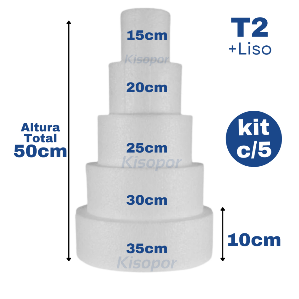 Base De Bolo Fake Isopor 15, 20, 25, 30, 35cm c/10cm altura 5 Andar Cenográfico Maciço Redondo