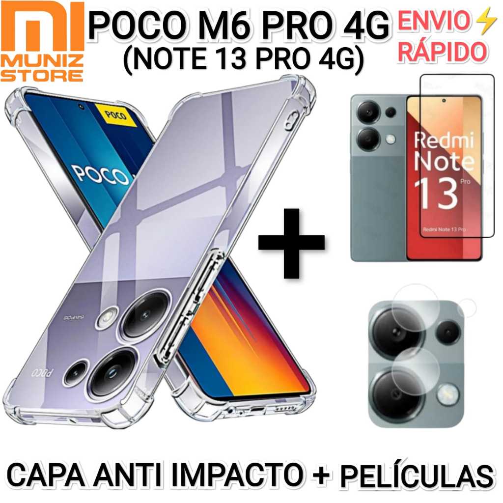Kit Poco M6 Pro 4G/Redmi Note 13 Pro 4G Capa Anti Impacto + Película Frontal 3D e Câmera Cerâmica
