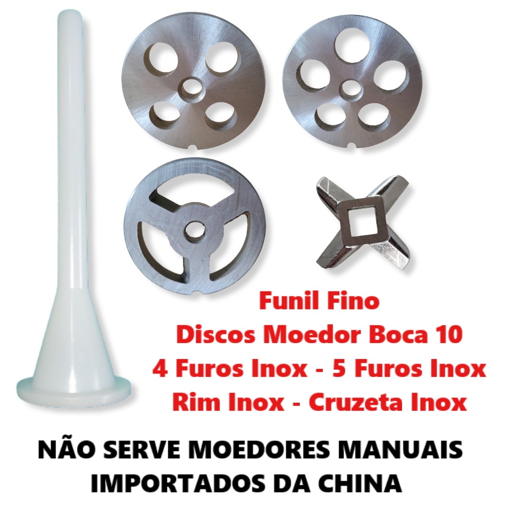 Disco Inox para Moedor de Carne Boca 10 - 4 Furos + 5 Furos + Rim  + Cruzeta + Funil Fino