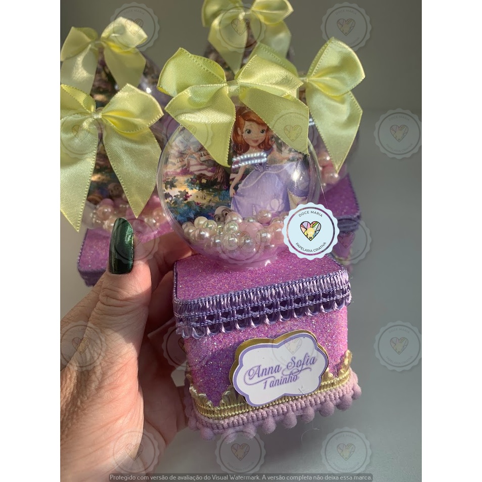 Caixinha Acrílica 6x6 Luxo com Esfera Personalizada PRINCESA SOFIA | Lembrancinha Festa Infantil