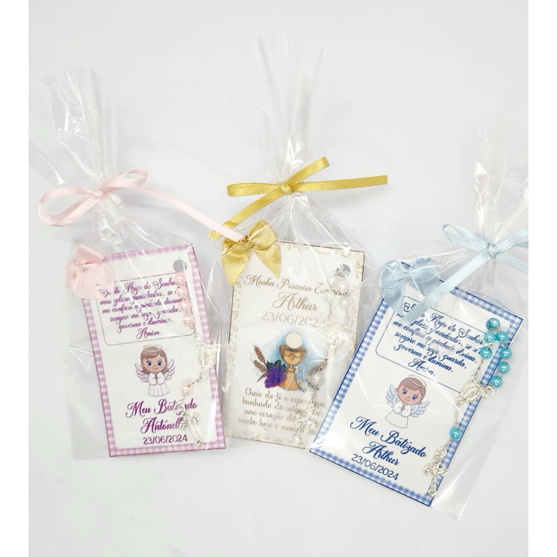 kit completo lembrancinhas 10 cartões com mini terço Batizado ou Primeira Eucaristia em Oferta na Shopee