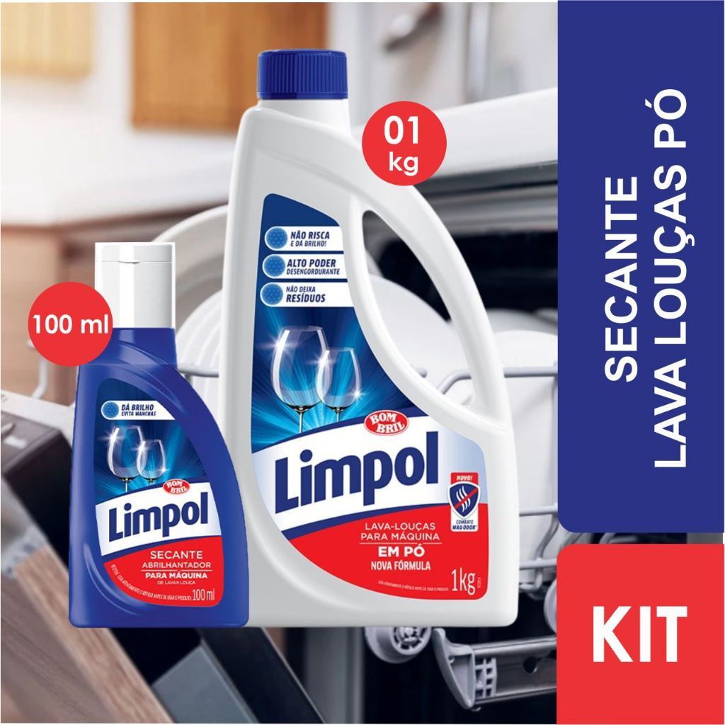 Kit Limpol Lava Louças em pó 1Kg mais Liquido Secante Abrilhantador 100 ML - BOMBRIL