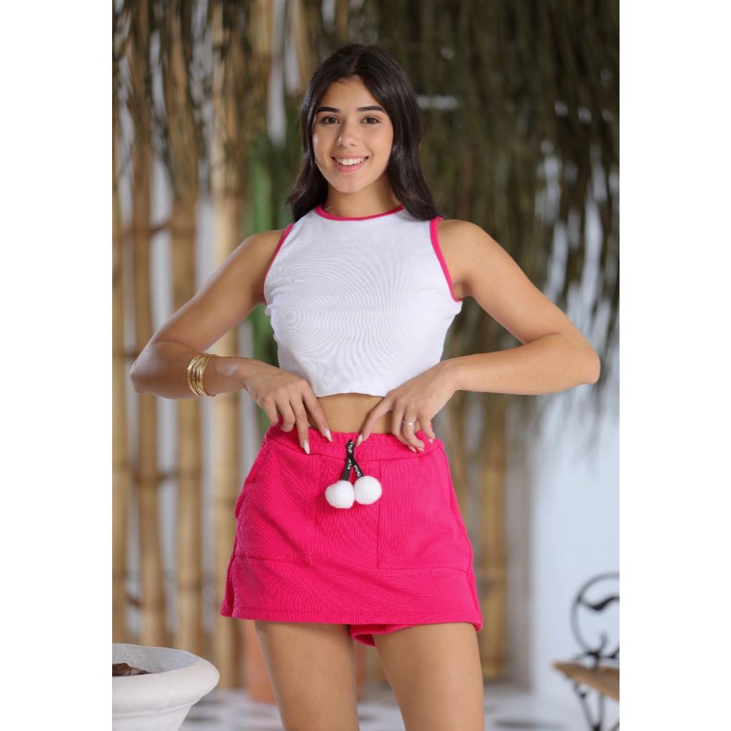 Kit Infantil e Juvenil Cropped + Shorts Saia Canelado Ribana  PROMOÇÃO Confortável Estiloso Conjunto Menina Blogueirinha