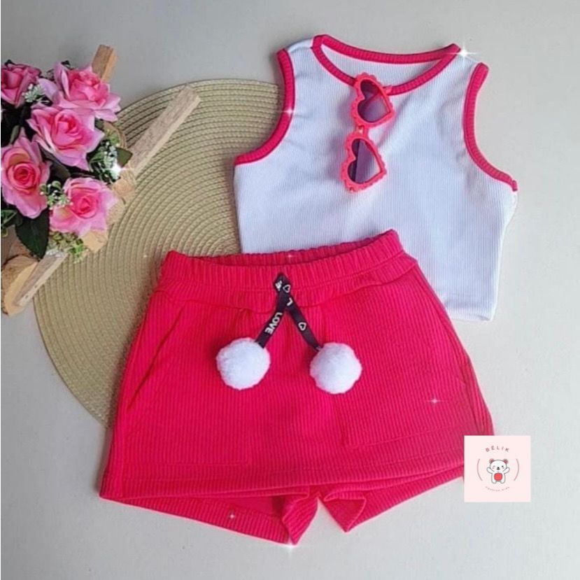 Conjunto Canelado Infantil e Juvenil Cropped e Shorts Saia Moderno Moda Ribana Kit Conjuntinho Blusa Blusinha + Short