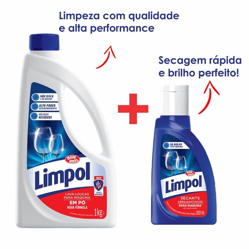 Kit Limpol Lava Louças em pó 1Kg Mais Secante Abrilhantador Liquido 100 ML - BOMBRIL