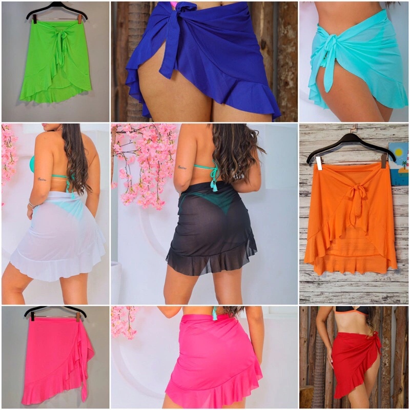 Saída de praia com Babado Curta/Saia Pareo de Amarrar em Oferta na Shopee