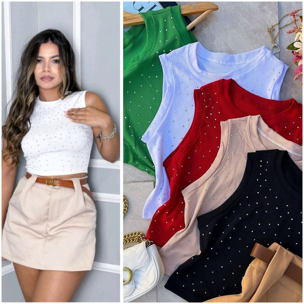 blusa feminina cropped regata com brilho tecido ribana canelado em Oferta na Shopee