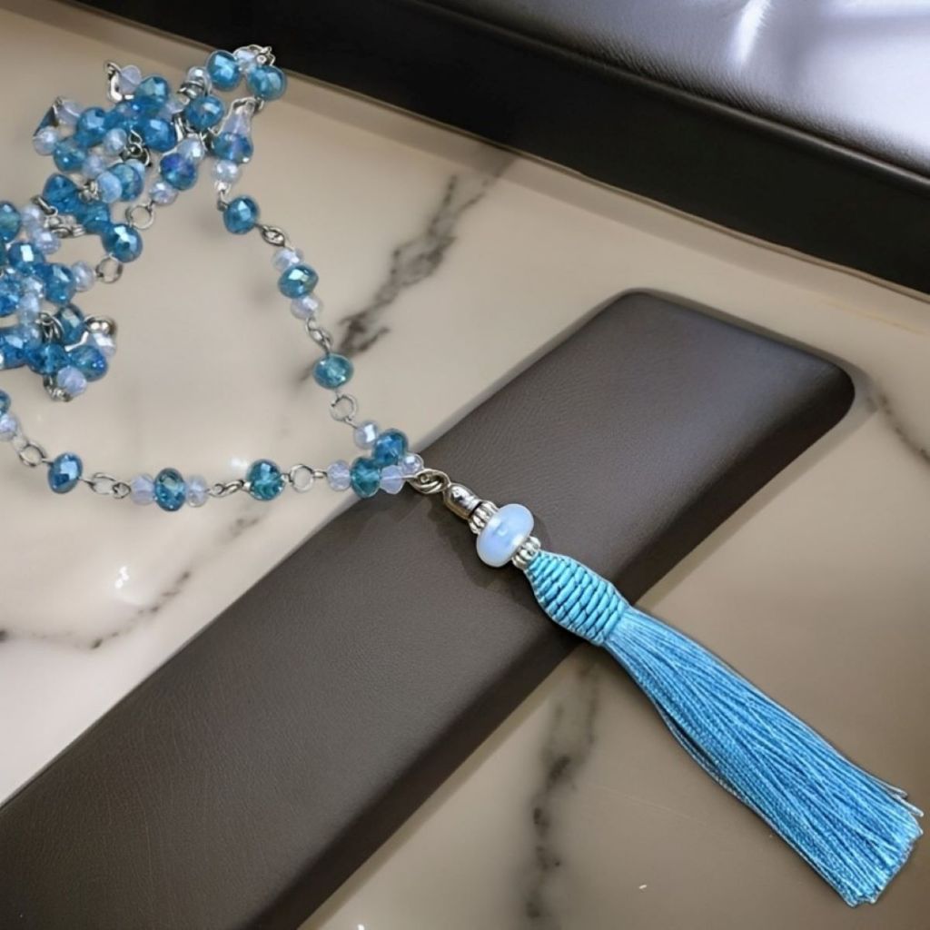 Colar Longo de Franja Azul Cristal Bijuterias Femininas