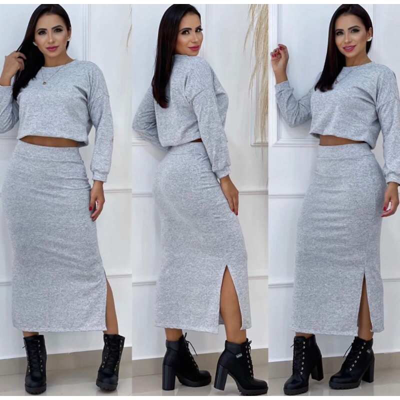 Conjunto Feminino Lanzinha Inverno Blusa Cropped e Saia Midi com Fendas Laterais