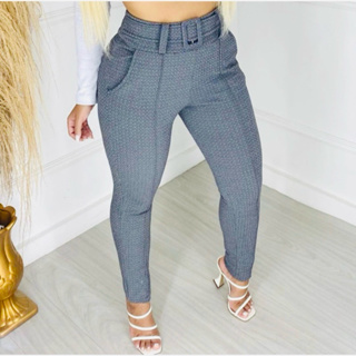 Calça Com Cinto Forrado Fake Malha Crepe Cintura Alta estilo social em Oferta na Shopee