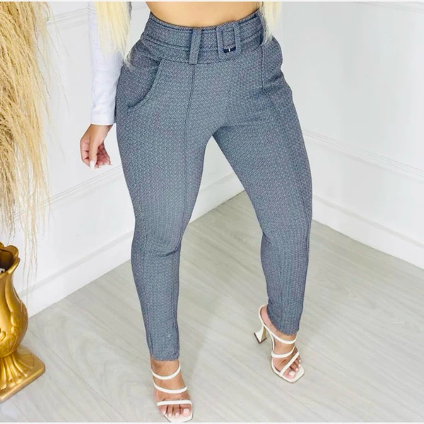 Calça Com Cinto Forrado Fake Malha Crepe Cintura Alta estilo social