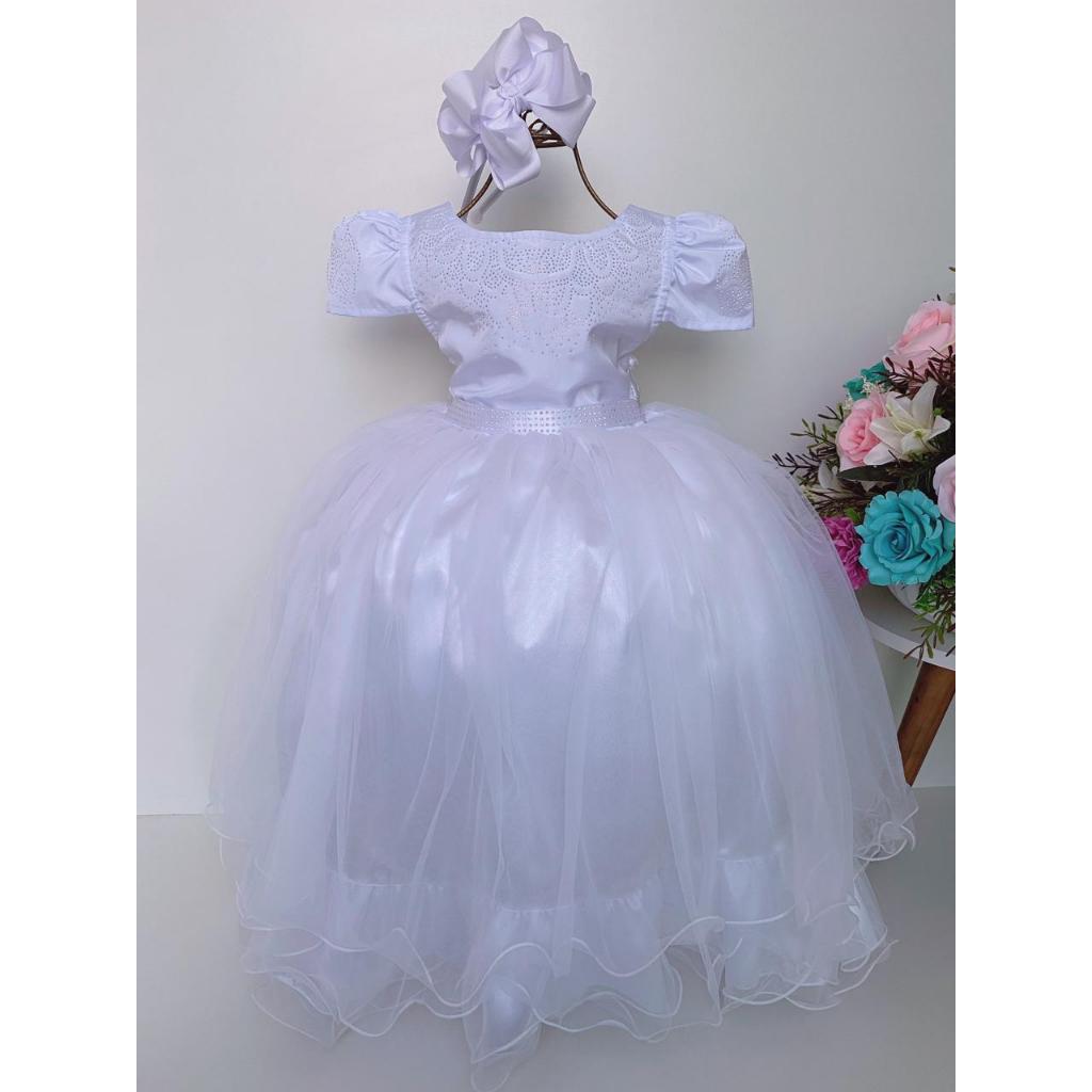 Vestido Longo Infantil Branco Formatura Casamento Dama Daminha Florista Noivinha Rodado Luxo Brilho