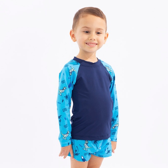 Conjunto Infantil Menino Moda Praia Com proteção UV 50+ de Dino 6/8/10/12 camisa e sunga