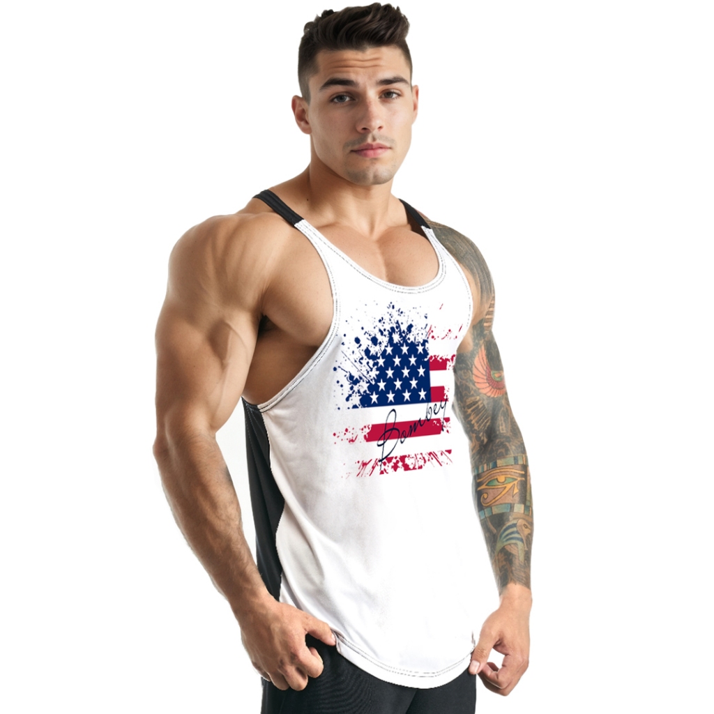 Regata Cavada Masculina em Dry Fit Splash com Costas Preta Academia - Bombey