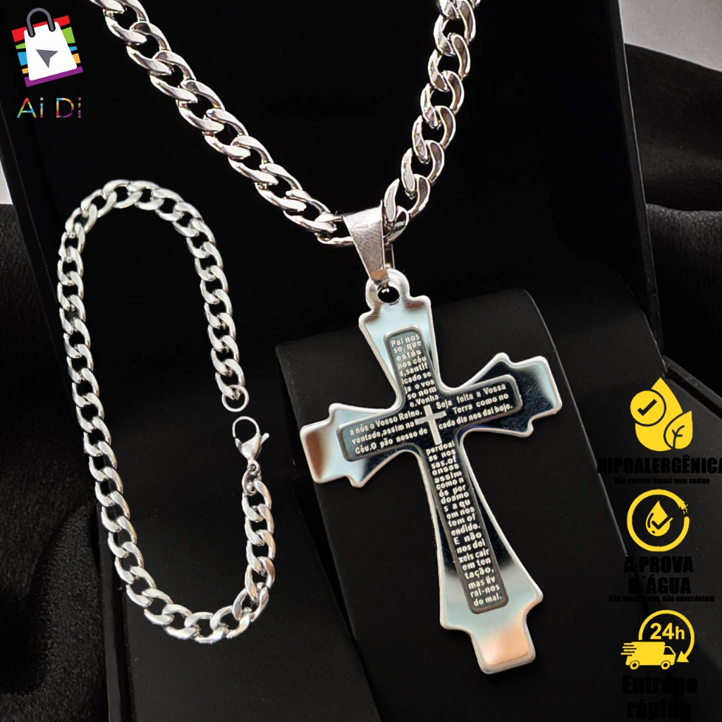 Colar de Corrente Pingente de Cruz Prateada com Pai Nosso em Colares de Aço Titânio, Hipoalergênico