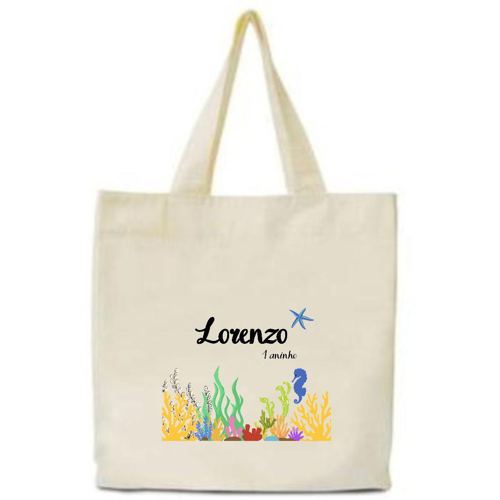 Kit 25 Sacolas Ecológicas Ecobag 30x30 Transfer 14x20 Personalizadas Aniversário 1 Aninho Fundo  Mar