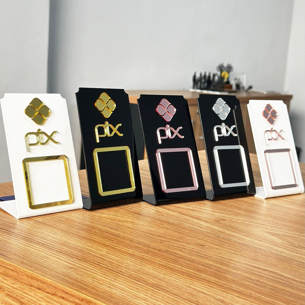 Placa Pix Pagamento QrCode De Mesa Balcão com base - Acrílico - Rose Dourado Prata