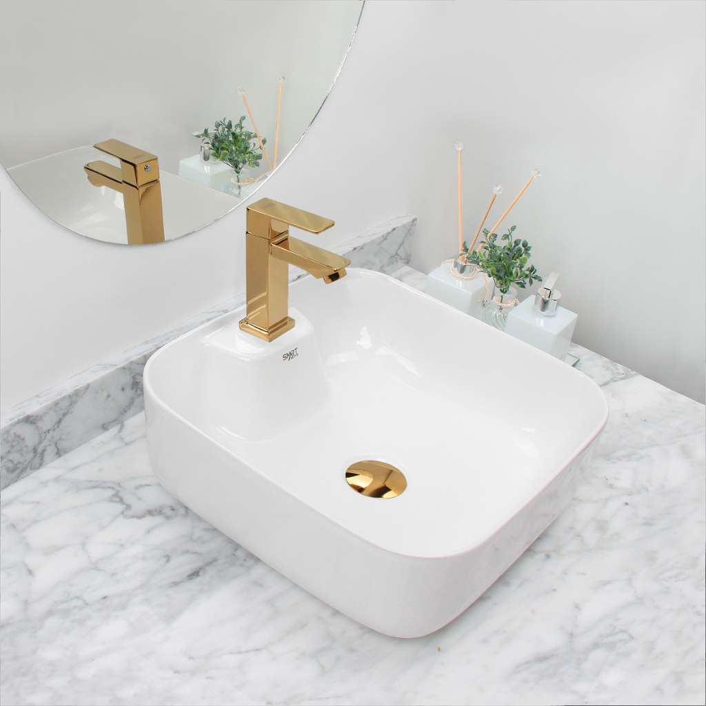 Kit Cuba Pia Louca Ceramica Banheiro Com Torneira e Válvula Dourada 7