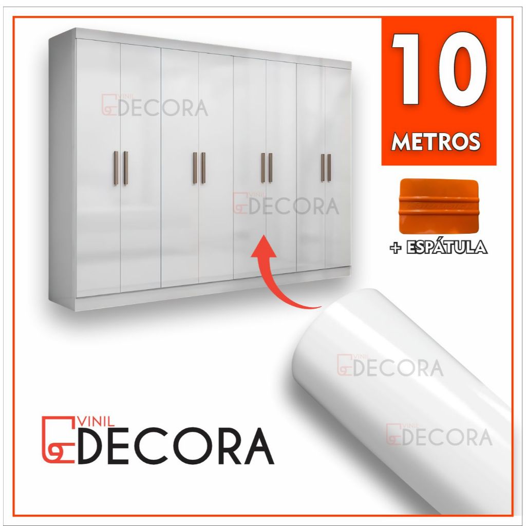 10 metros Adesivo Vinil Lavável Contact Branco Brilho Envelopamento Autocolante + Espátula Para Envelopamento de Móveis Paredes Personalizado Quarto e Decoração