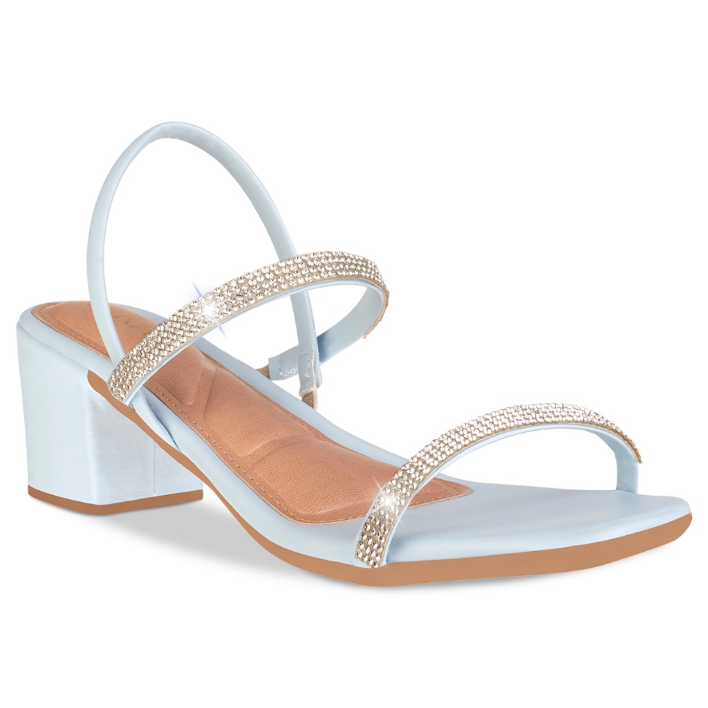 Sandália Feminina Salto Baixo Medio Bloco Quadrado Grosso Tira de Strass Brilho Cores