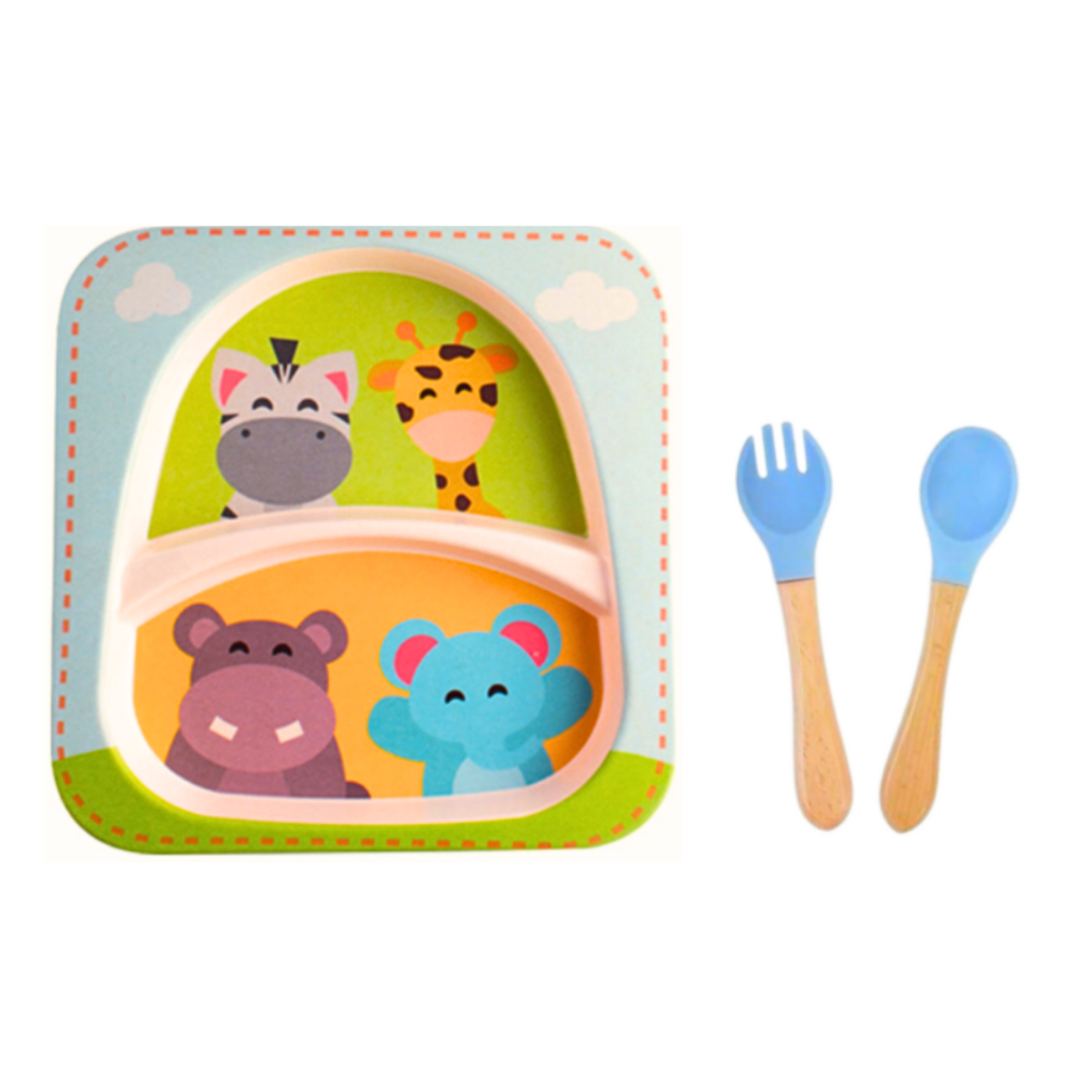 Prato infantil com divisória kit alimentação bebê com dupla de talher ponta de silicone e cabo de bambu