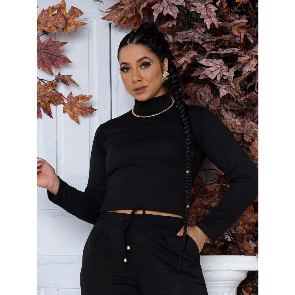 Blusa Cropped Feminina Cacharrel Gola Alta Manga Longa Lãzinha Tendência Outono Moda Fashion