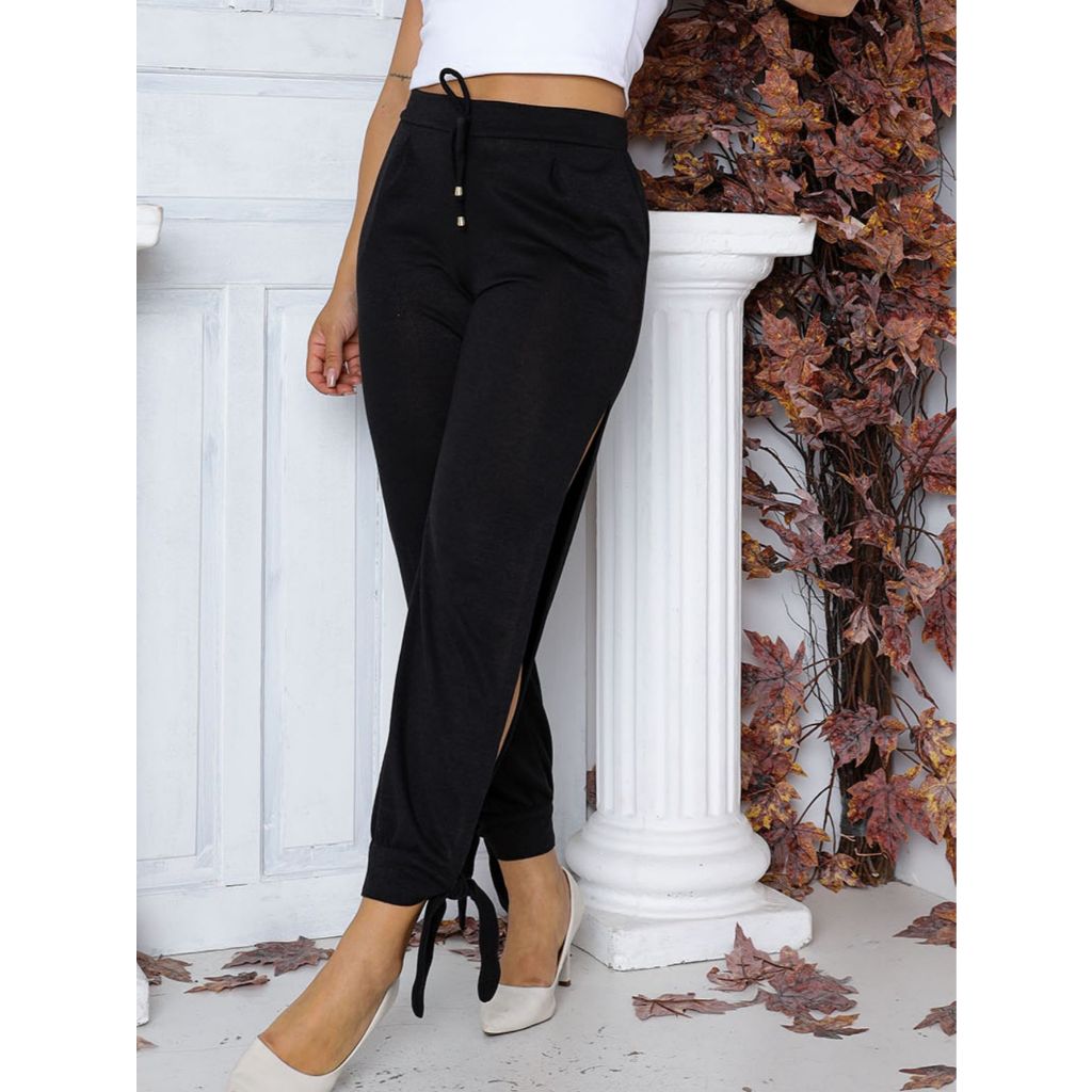 Calça Feminina Lãzinha Com Fenda Lateral e Laço no Tornozelo Tendência Outono Fashion