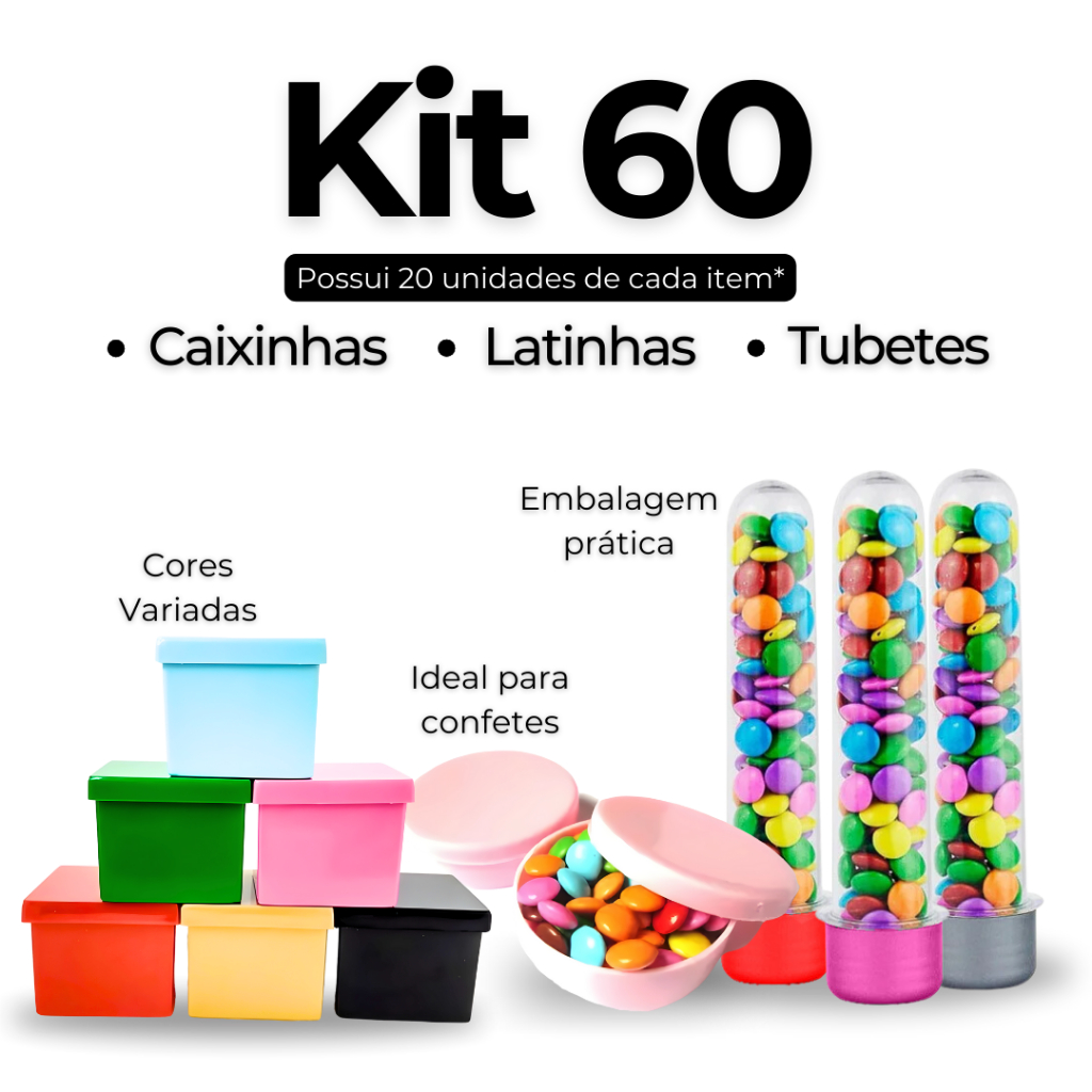 Kit Festa 60 ITENS - 20 Caixinhas acrílicas + 20 Latinhas + 20 Tubetes - Lembrancinhas Aniversário em Oferta na Shopee