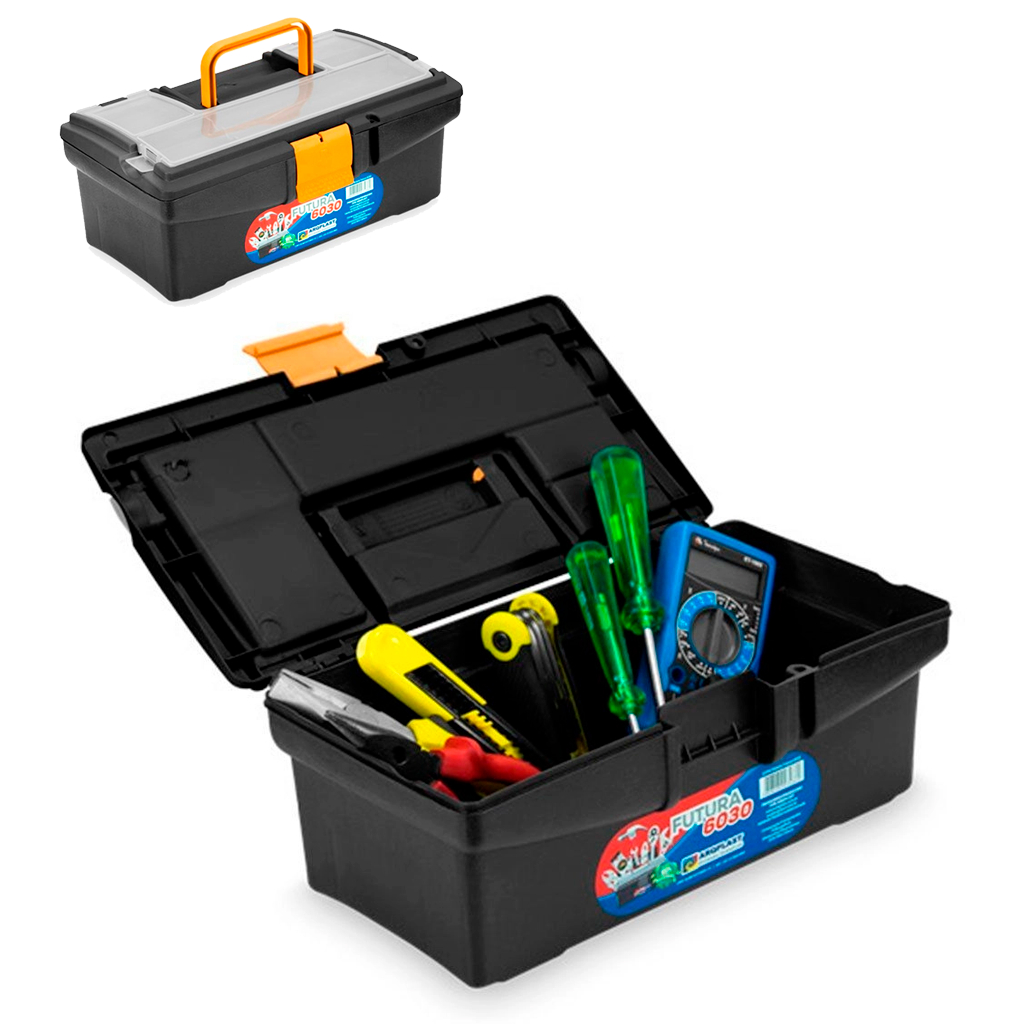 Maleta Caixa Para Ferramentas Manuais Futura 6030 Guardar Organizar Reforçada Preta Com Alça