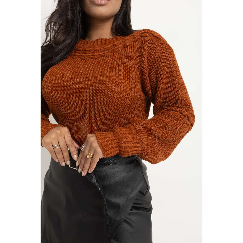 Blusa Feminina Tricot Com Trança Invertida | Blusa Manga Longa Tricô Tendencia 2025