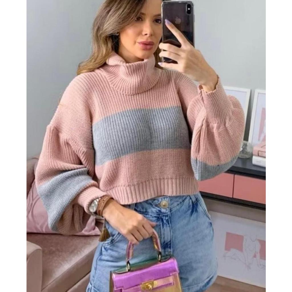 Blusa de Frio Feminina de Lã Gola Alta Tricot Manga Longa Bufante Fang Tricô Inverno 2025 em Oferta na Shopee