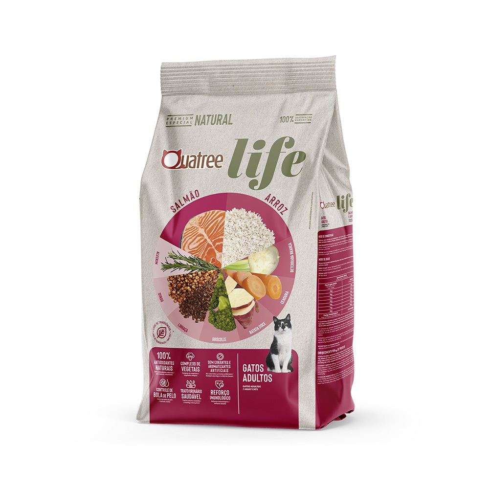 Ração Quatree Life para Gatos Adultos Sabor Salmão e Arroz 3KG (Não Castrado) em Oferta na Shopee