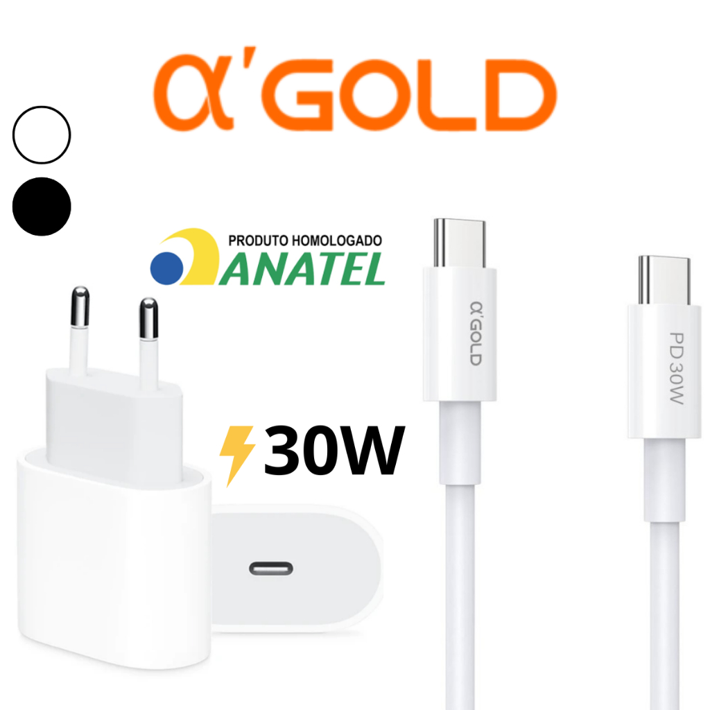 Carregador Fonte Cabo Tipo C 30W AGold Original Turbo Cabo Usb C Compativel Android Iphone 15 16 Pro Max Plus Anatel