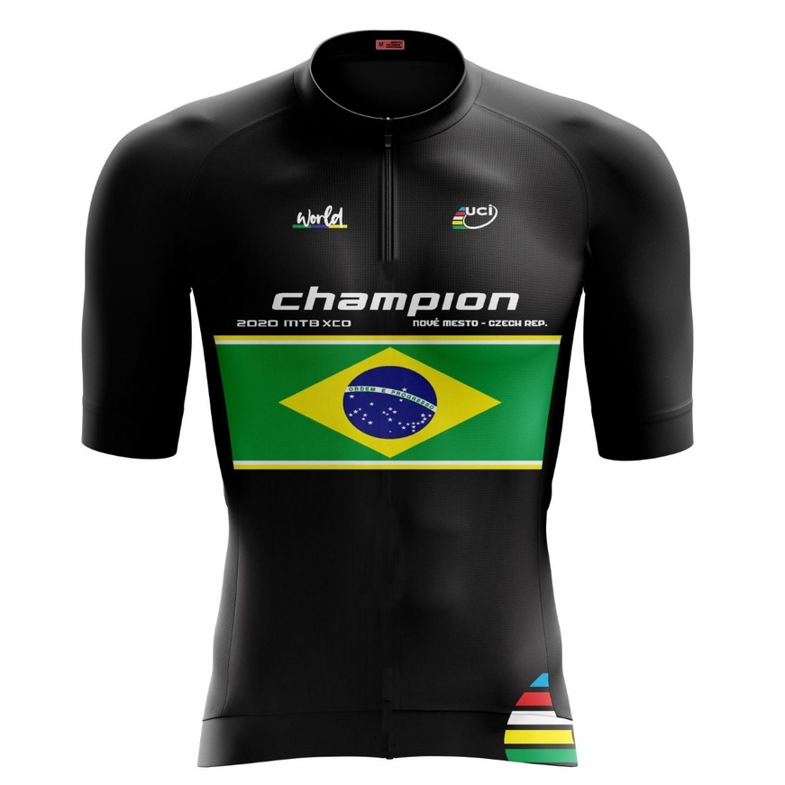 Camisa de Ciclismo Masculina Champion Brasil Preta Camiseta Manga Curta Roupa Bike Pedal Mtb