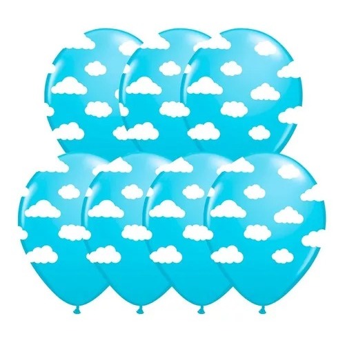 25 Unidades Balão Bexigas Nuvens Céu Azul e Branco 11pol Temas Ursinho Aviador e Baloeiro