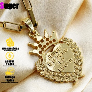 Colar Corrente Cordão Meia-Cana 4MM + Pingente Coração Jesus é o Dono do Lugar G Banhado a Ouro 18K em Oferta na Shopee