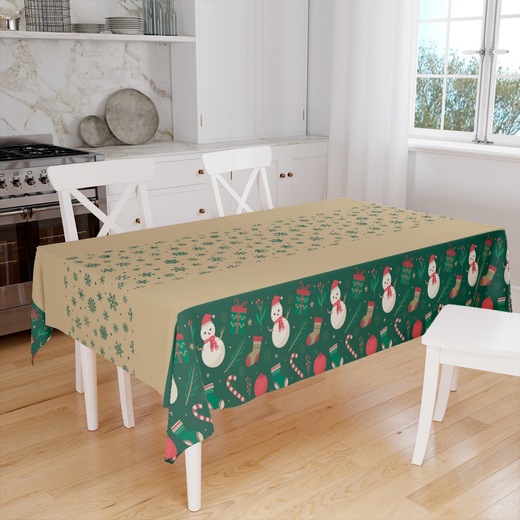 Toalha de Mesa Natalina Retangular Serve para 4 e 6 Lugares Flocos de Neve Green DCORALA.