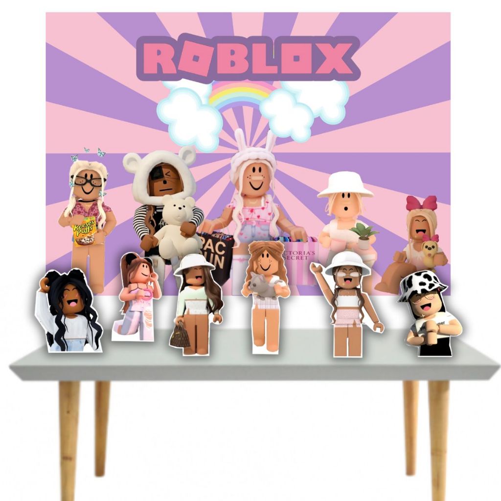 Poli banner Roblox + display cenário mesa festa mdf adesivado