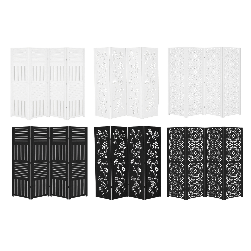 4 Biombo Pintado Branco Preto Divisor De Ambiente Divisória Painel Separador Madeira Mdf Sanfonado