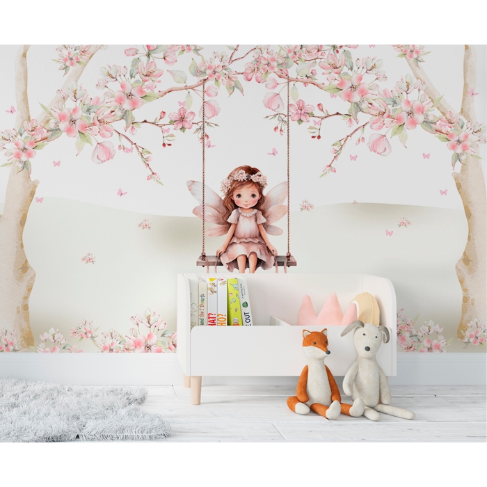 Papel de Parede Infantil Jardim Encantado Floral Menina no Balanço VR623- LEIA A DESCRIÇÃO