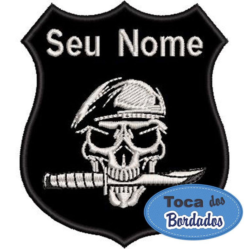 Patch Bordado Brevê Skull Faca nos Dentes Seu Nome 10x8cm Cód.2473 Caveira texto livre personalizado