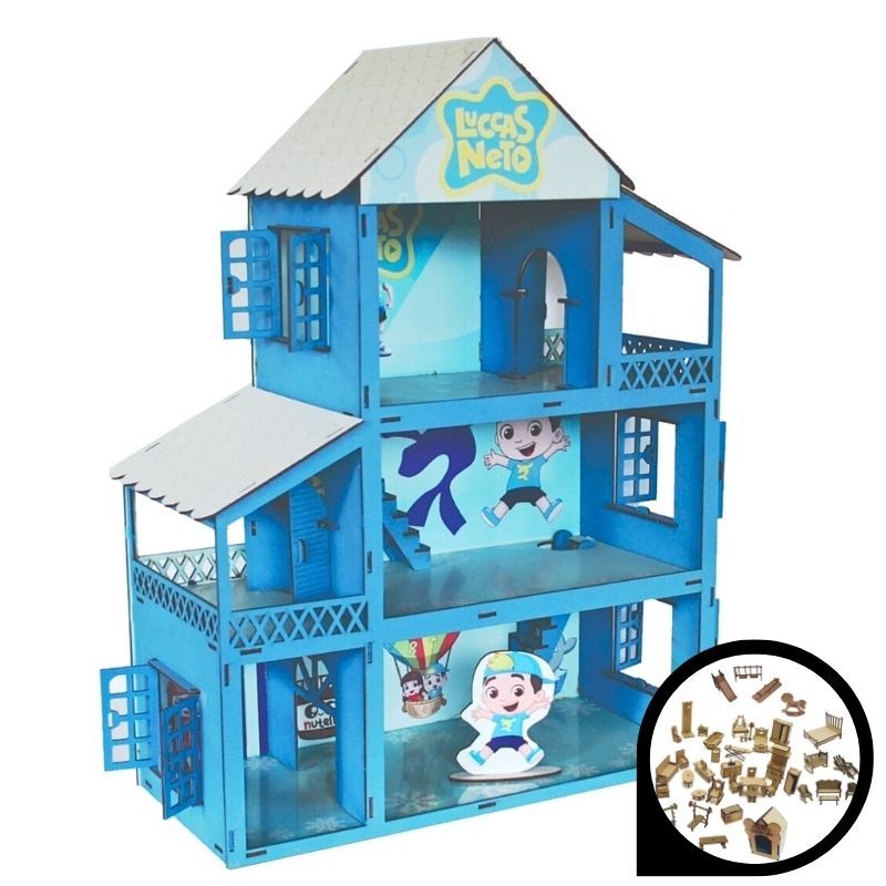 Casa casinha tema Lucas Neto pintada azul adesivada com 44 mini móveis crú mdf