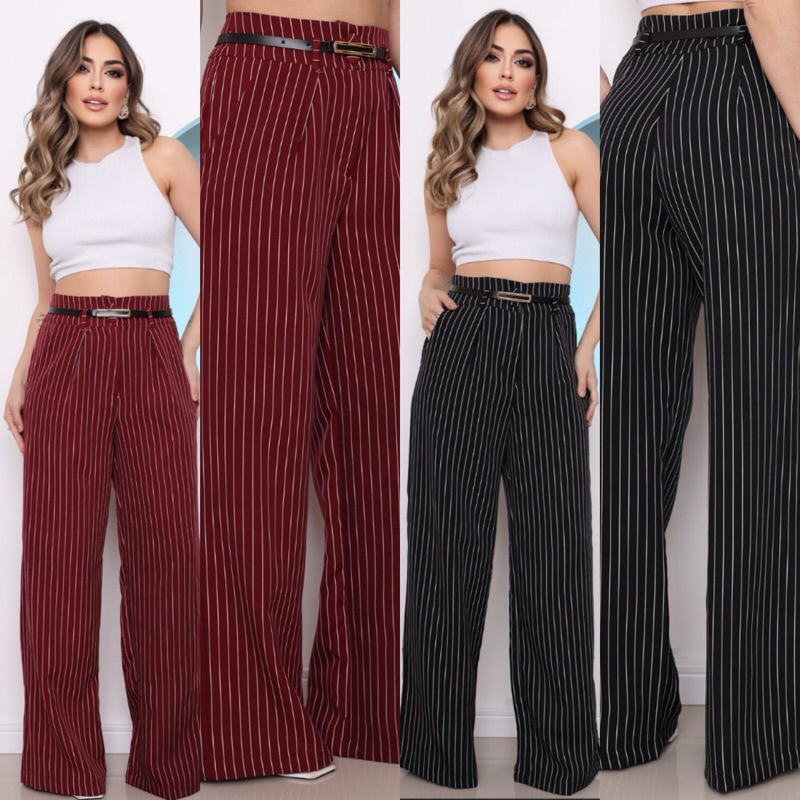 Calça alfaiataria listrada com bolso e cinto pantalona