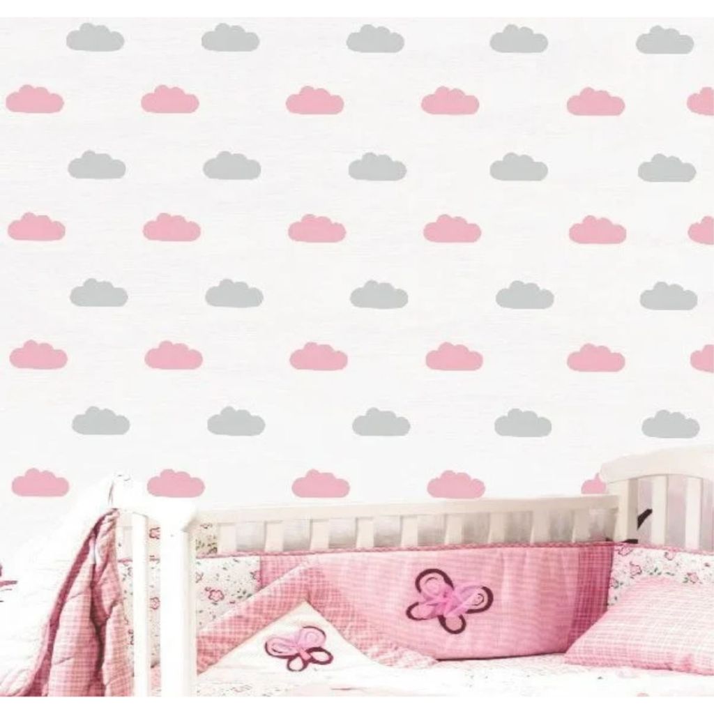 Kit Adesivo Nuvens Cinza e Rosa - Adesivo de Parede Decoração Quarto de Menina
