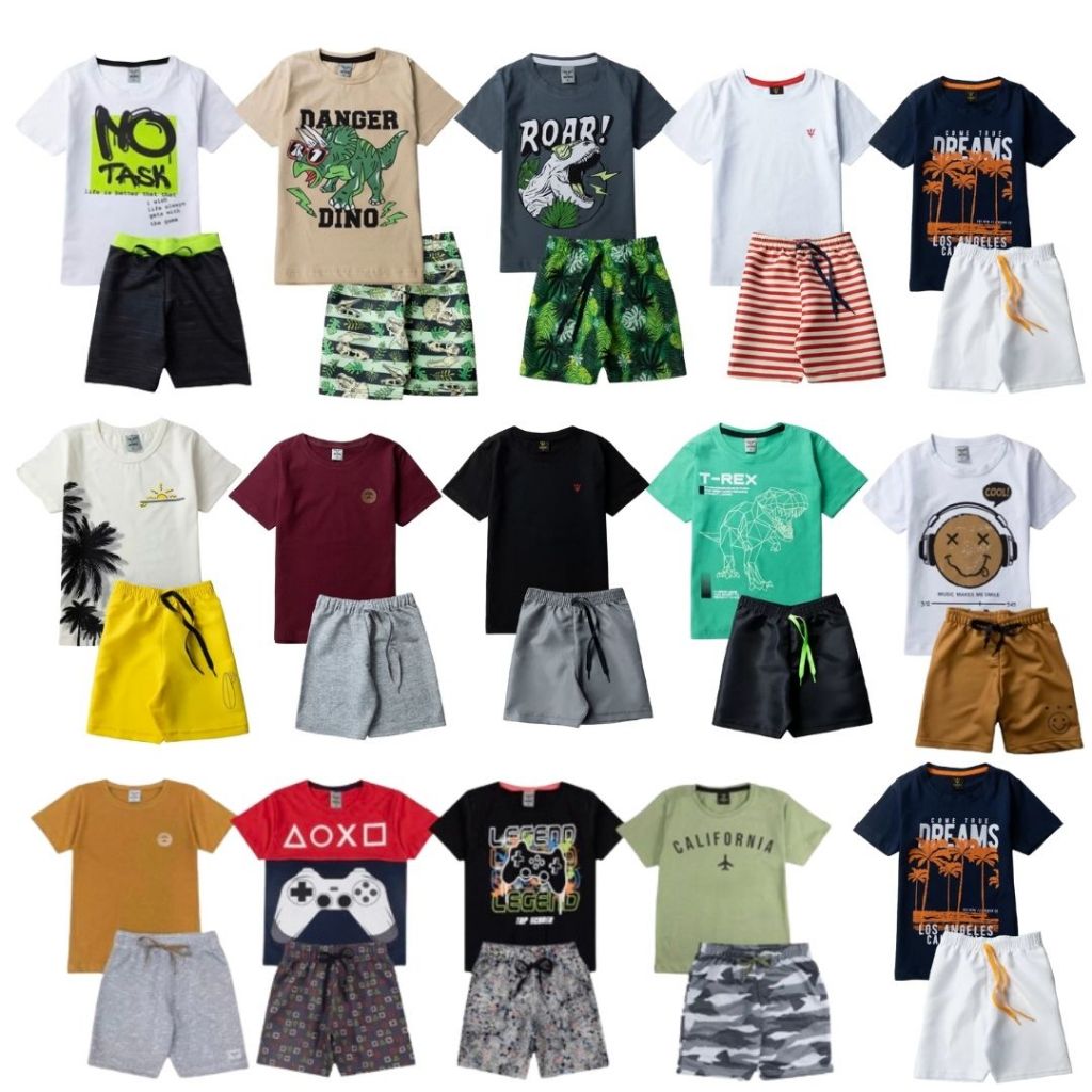Kit verão masculino menino 10 peças de Roupas Infantil Menino SORTIDOS - 5 camisas + 5 short/Bermuda -  5 Conjuntos Infantis verão