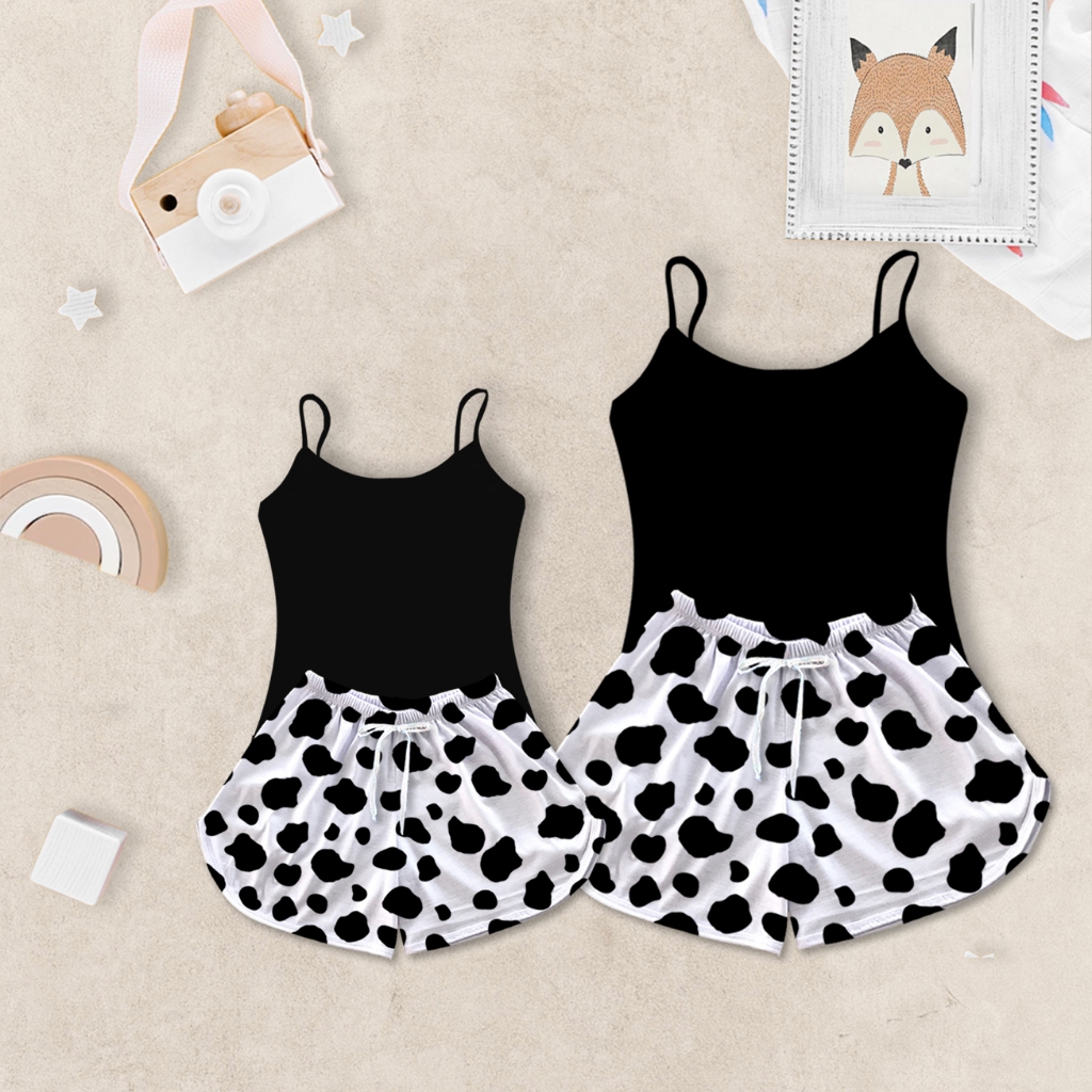 Conjunto Kit Tal Mãe e Filha Pijama Feminino Baby Doll Preto Vaquinha Pintinha