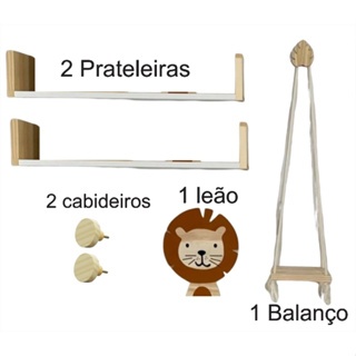Combo Kit com 2 Prateleiras em MDF e Madeira Pinus + Cabideiro em Pinus + Leão + Balancinho em Madeira Pinus