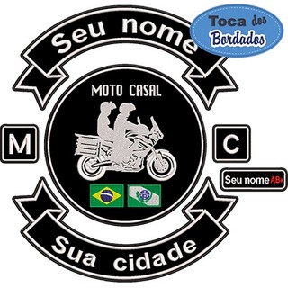 Patch Bordado Moto Casal com Seu Nome e sua Cidade Cód.5869 texto livre - fixação com Costura motogrupo motoclube